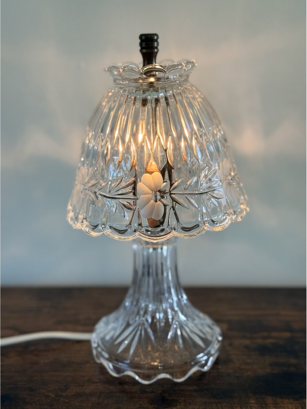 VTG Princess House Crystal Boudoir Lamp Floral Etched Shade Heavy Works!